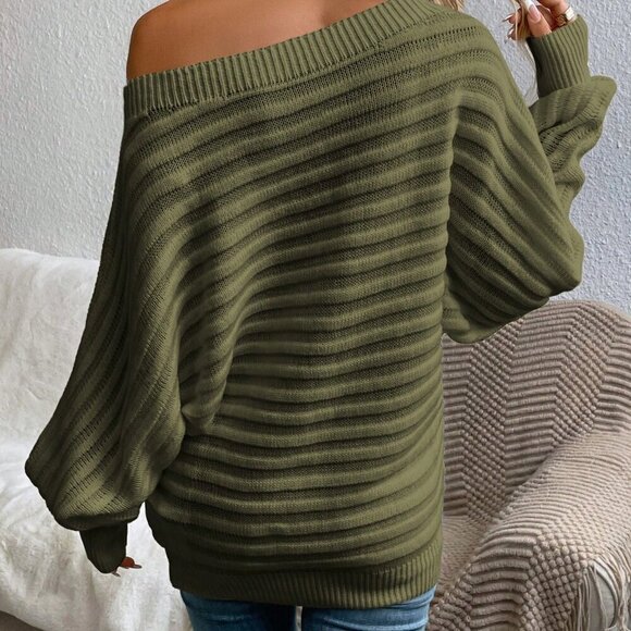Army Green Casual Women's Boat Neck Batwing Sleeve Sweater - Picture 2 of 5